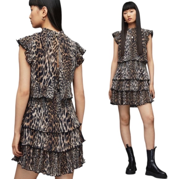 Allsaints Antheia Kiku Mini Dress in Honey Brown Animal Print US 2 - Picture 1 of 10
